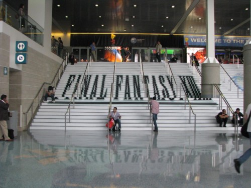 Final Fantasy XIII is painted onto the steps of the LA Convention Center. The second day of the show the paint was wet so everyone had to funnel up the escalator to get in. Argh.
